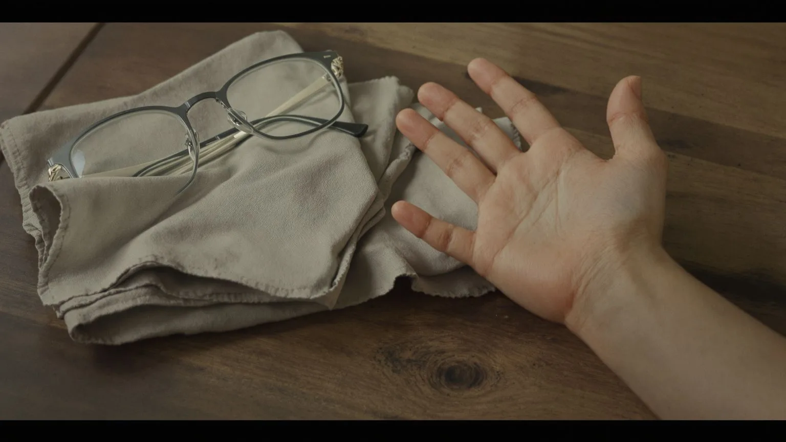 Close-up of tense hand beside reading glasses on wooden table representing the body choosing clarity