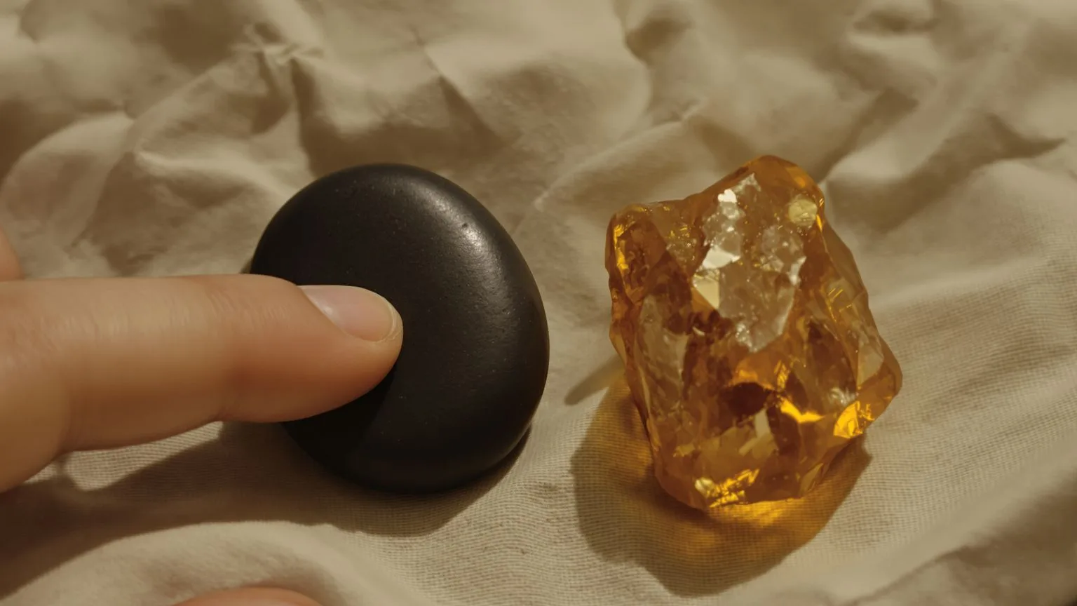 Fingertips touching a dark stone beside raw amber on linen showing the body trying to name what it feels