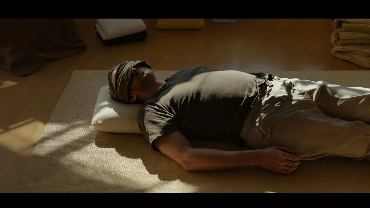 Man lying on floor mat with palms down and eyes covered during body-first practice session