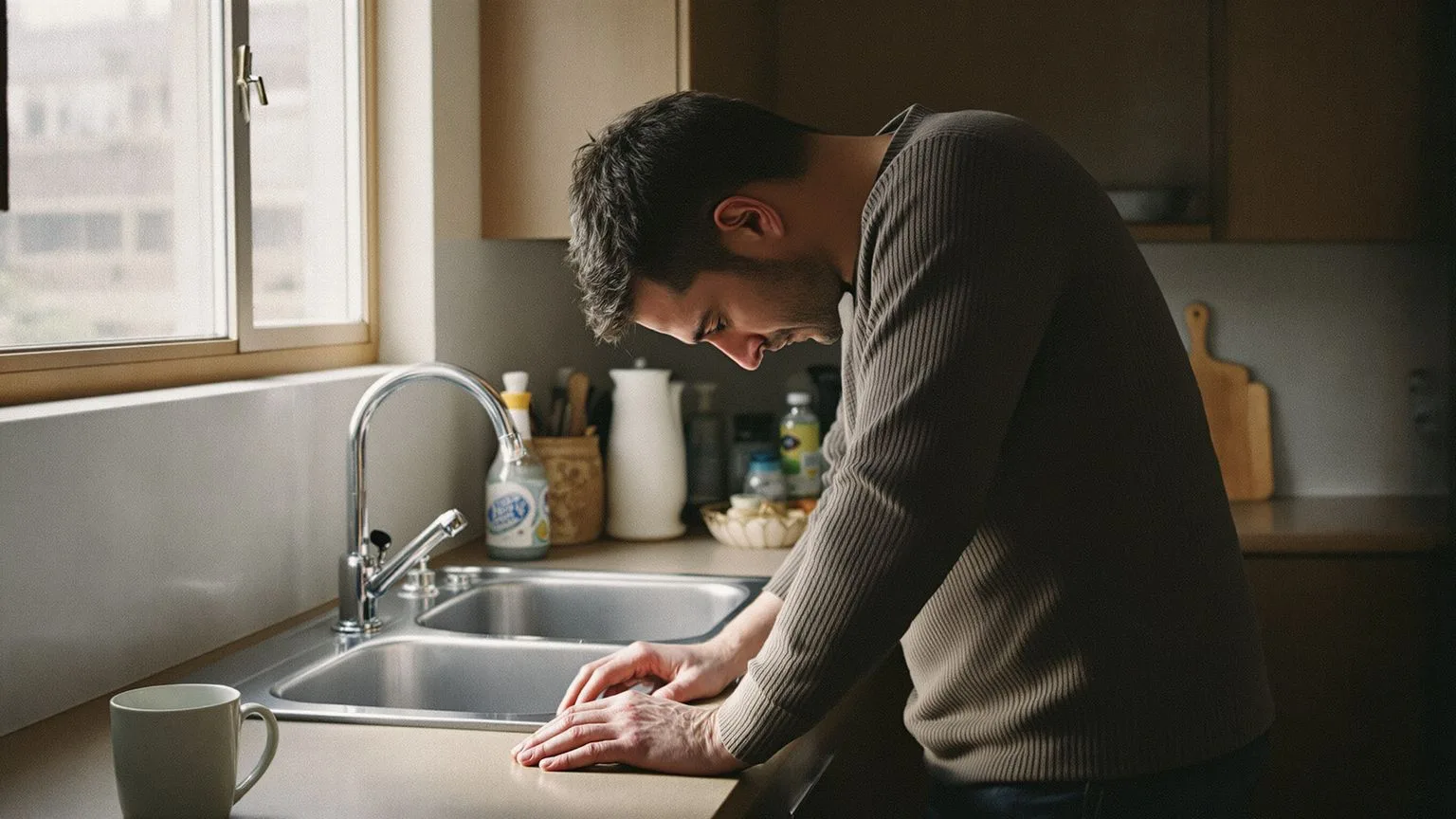 Man standing at kitchen counter with bowed head and tense shoulders showing the body spiral of depression and spiritual awakening