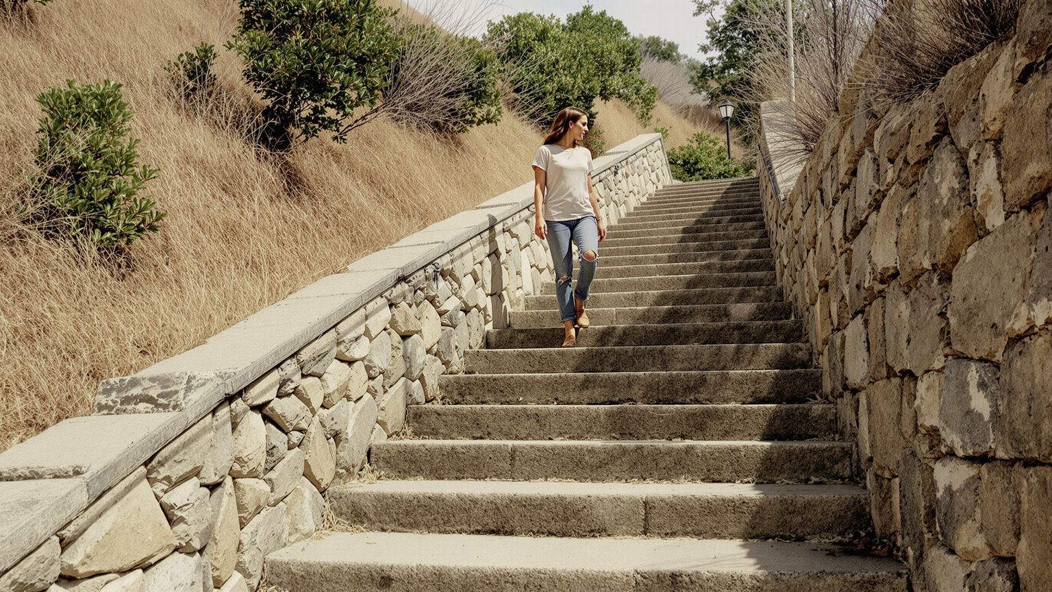 Woman ascending stone stairway in morning light showing the body moving toward a clear next step