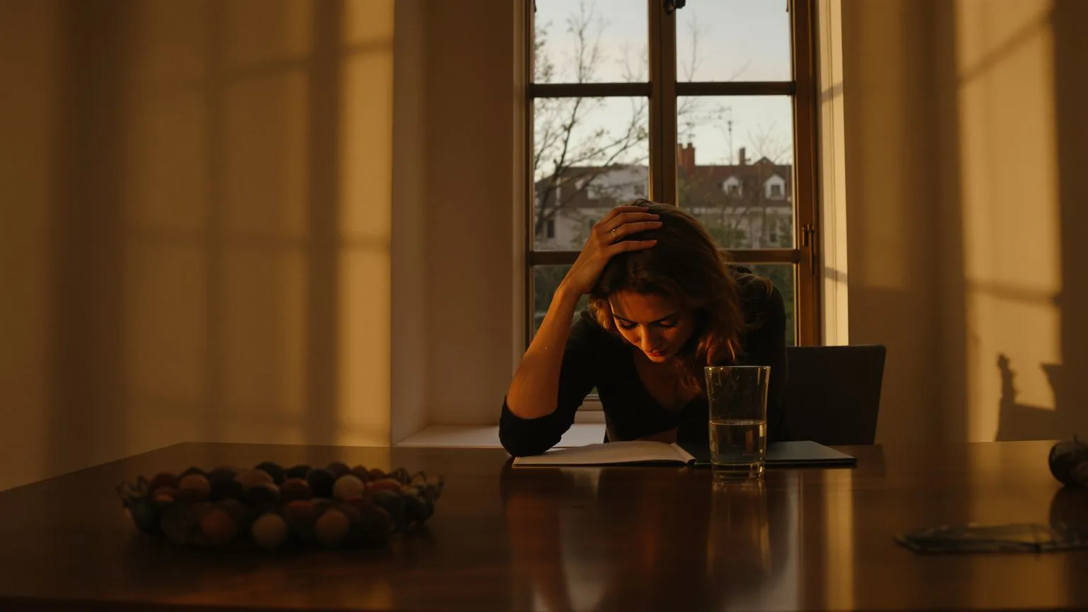 Woman sitting at desk near window at dusk showing the body weight of depression and spiritual awakening