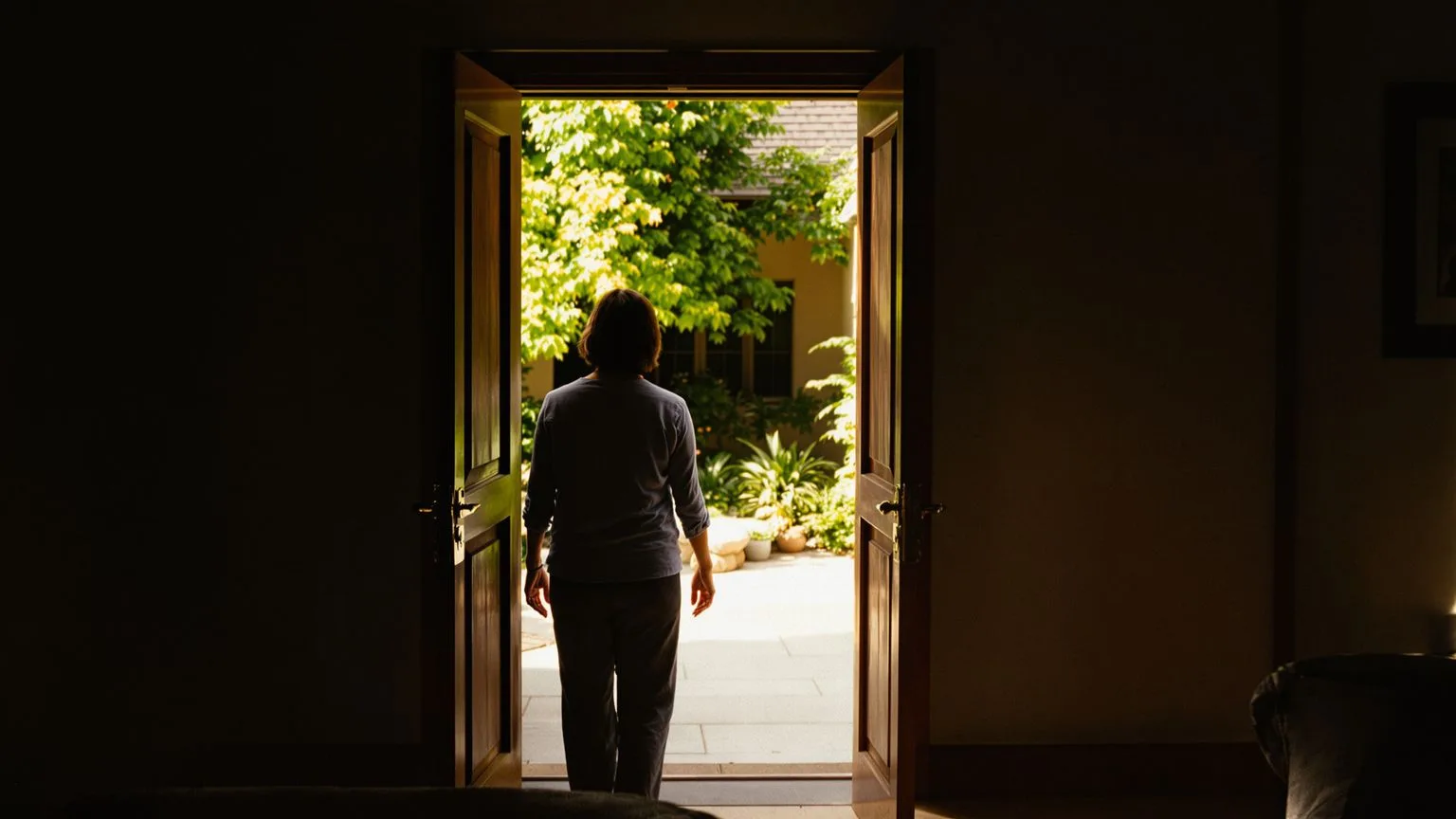 Woman standing in open doorway facing sunlit garden with softened body after honest practice session