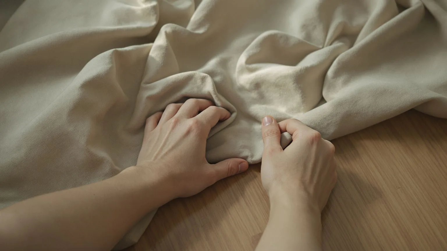 Close-up of hands pressing into linen fabric on wooden floor grounding the body
