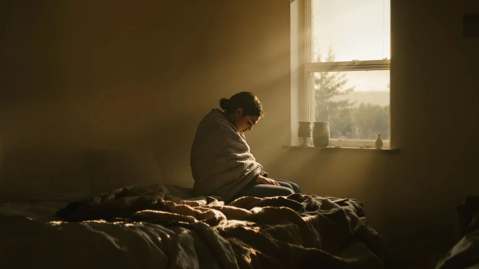 Person sitting on bed edge wrapped in blanket at dawn showing signs of dark night of the soul