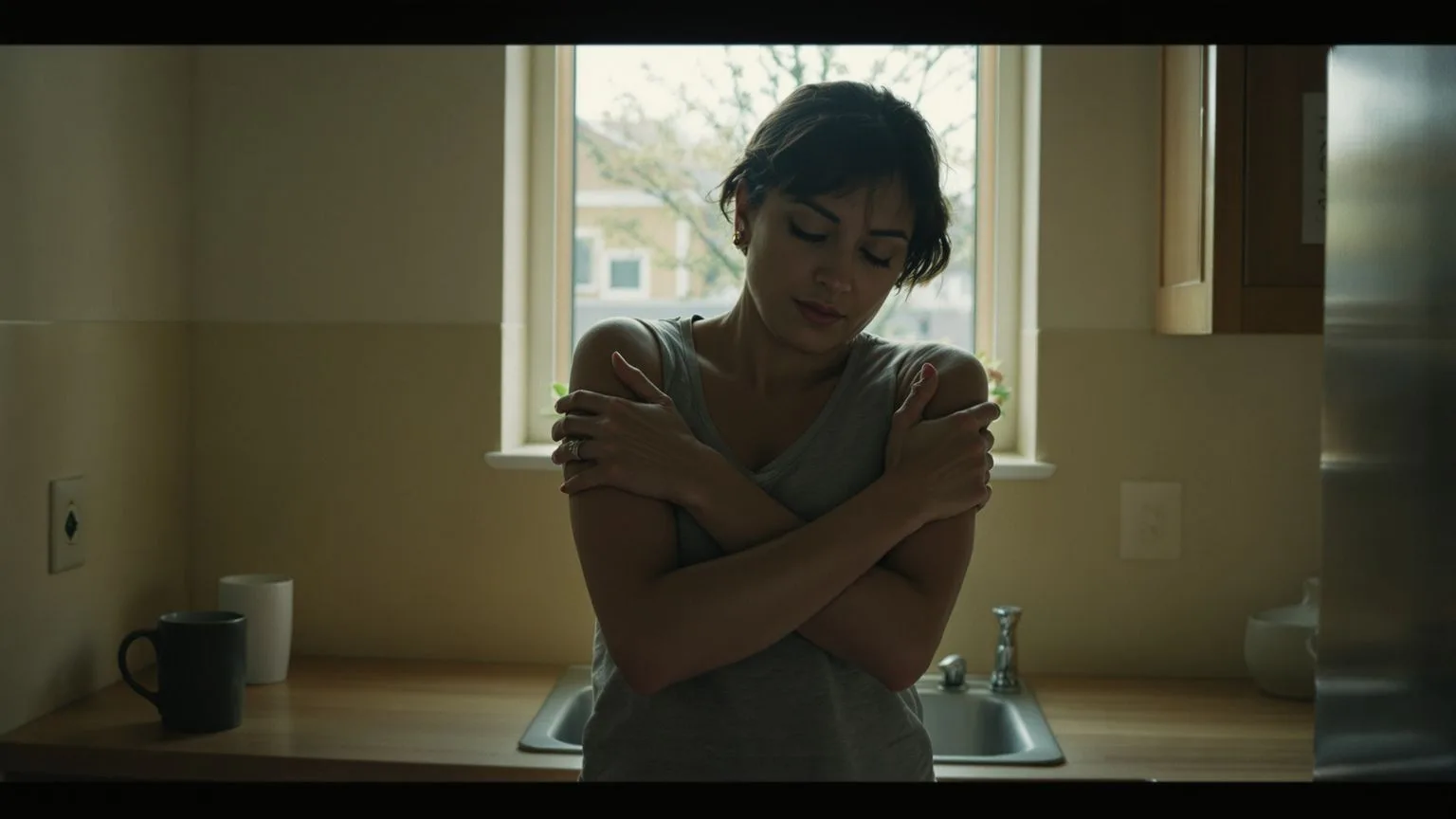 Woman bracing arms across her ribcage in morning kitchen light during shadow integration practice