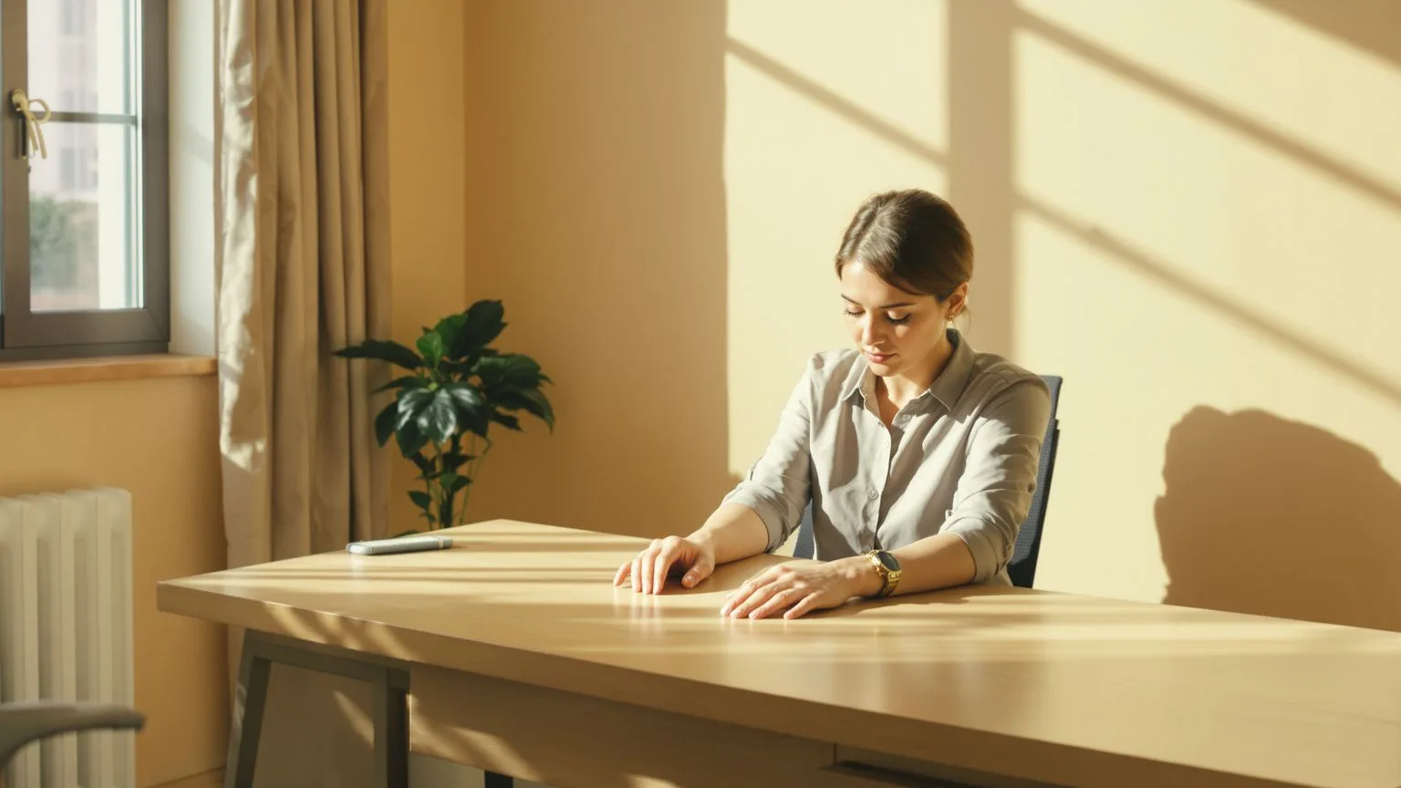 Woman gripping desk edge with tense hands in bright workspace illustrating what is shadow work spirituality