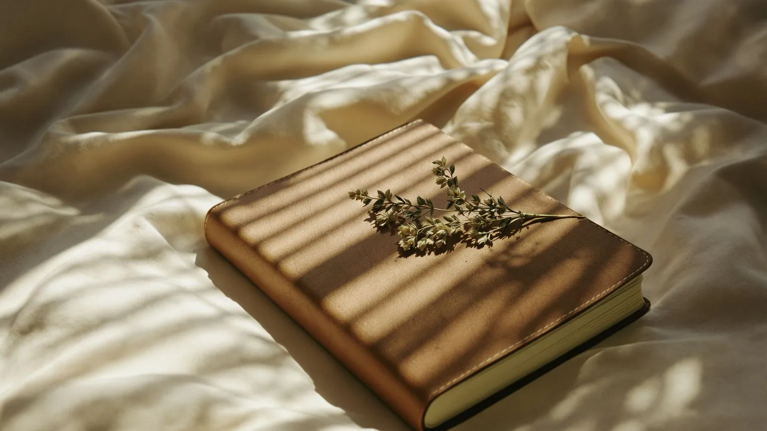Worn journal with dried flower on rumpled bed in morning light after shadow work practice changes