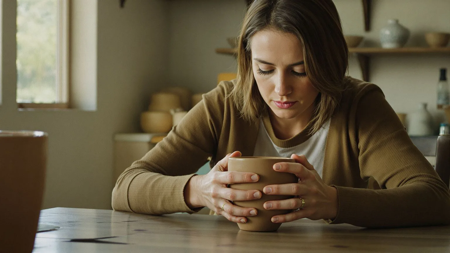 Woman gripping a mug at a kitchen table with tense hands, shadow work examples for behavior change