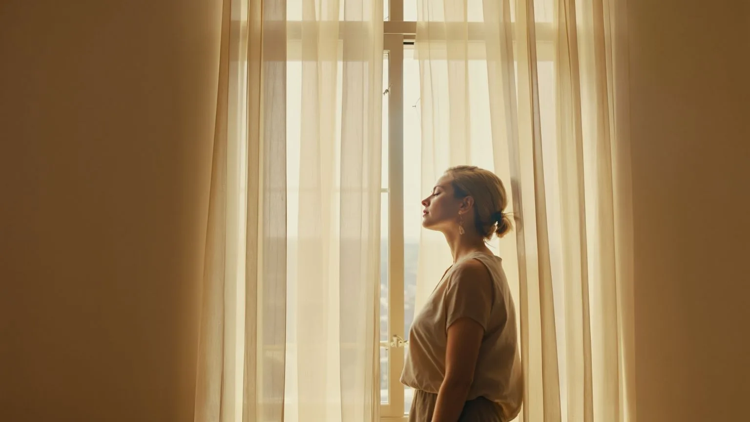 Woman standing by an open window with billowing curtains in soft light, relief after shadow work