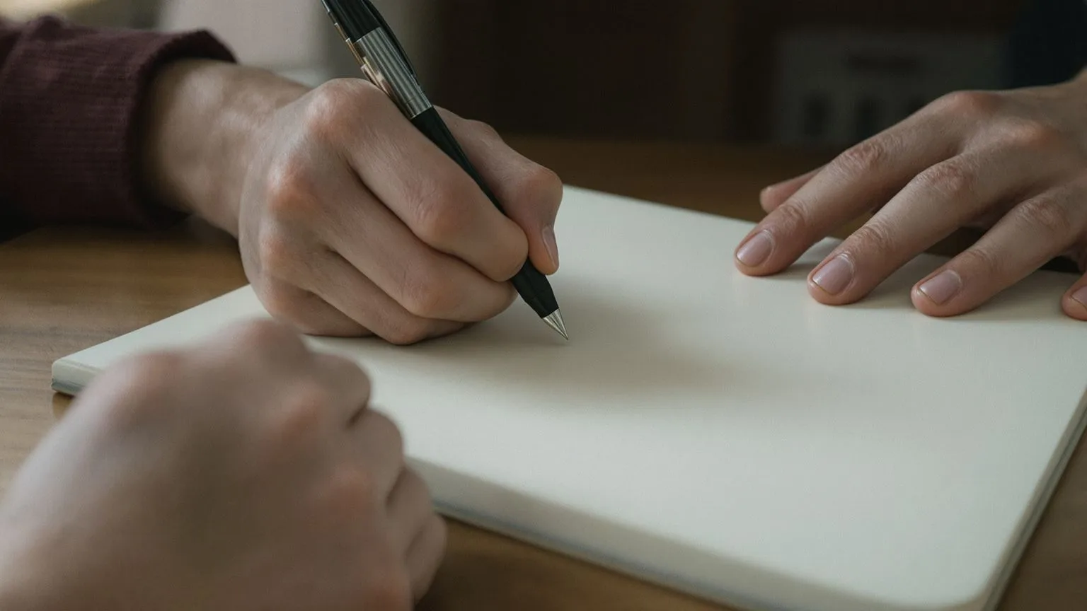Close-up of tense hands gripping pen over blank journal page for shadow work journal prompts session