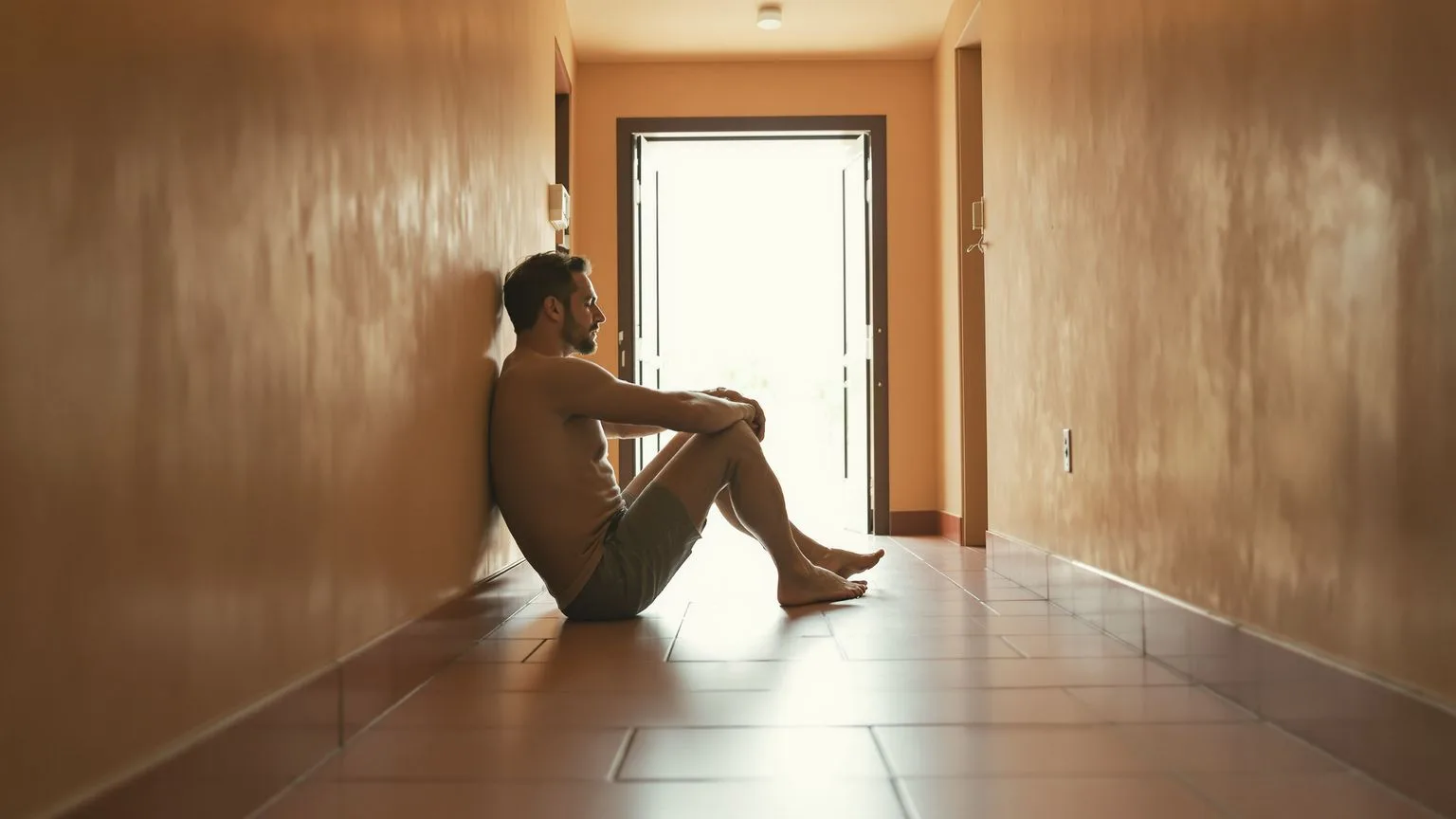 Man sitting on hallway floor with eyes closed and bare feet grounded during body-first shadow work session