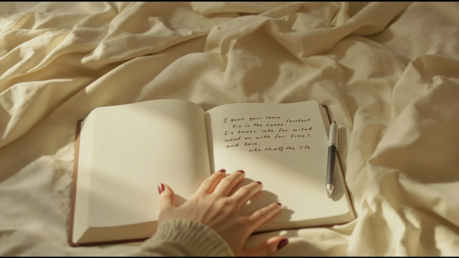Relaxed hand resting beside open journal on linen bed during gentle shadow work journal prompts practice