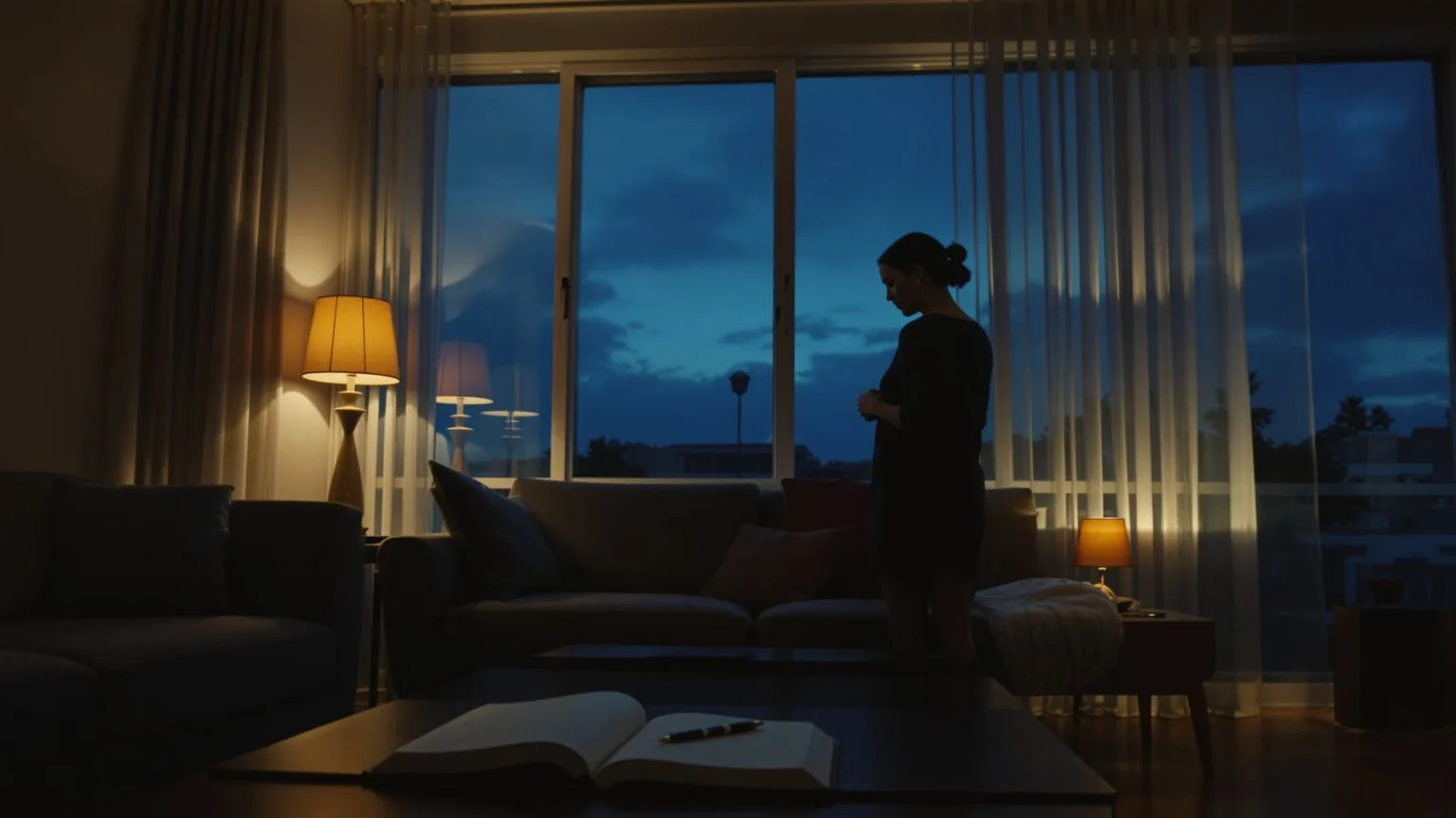 Woman standing in dim living room with hand on ribcage near open shadow work journal prompts notebook at dusk