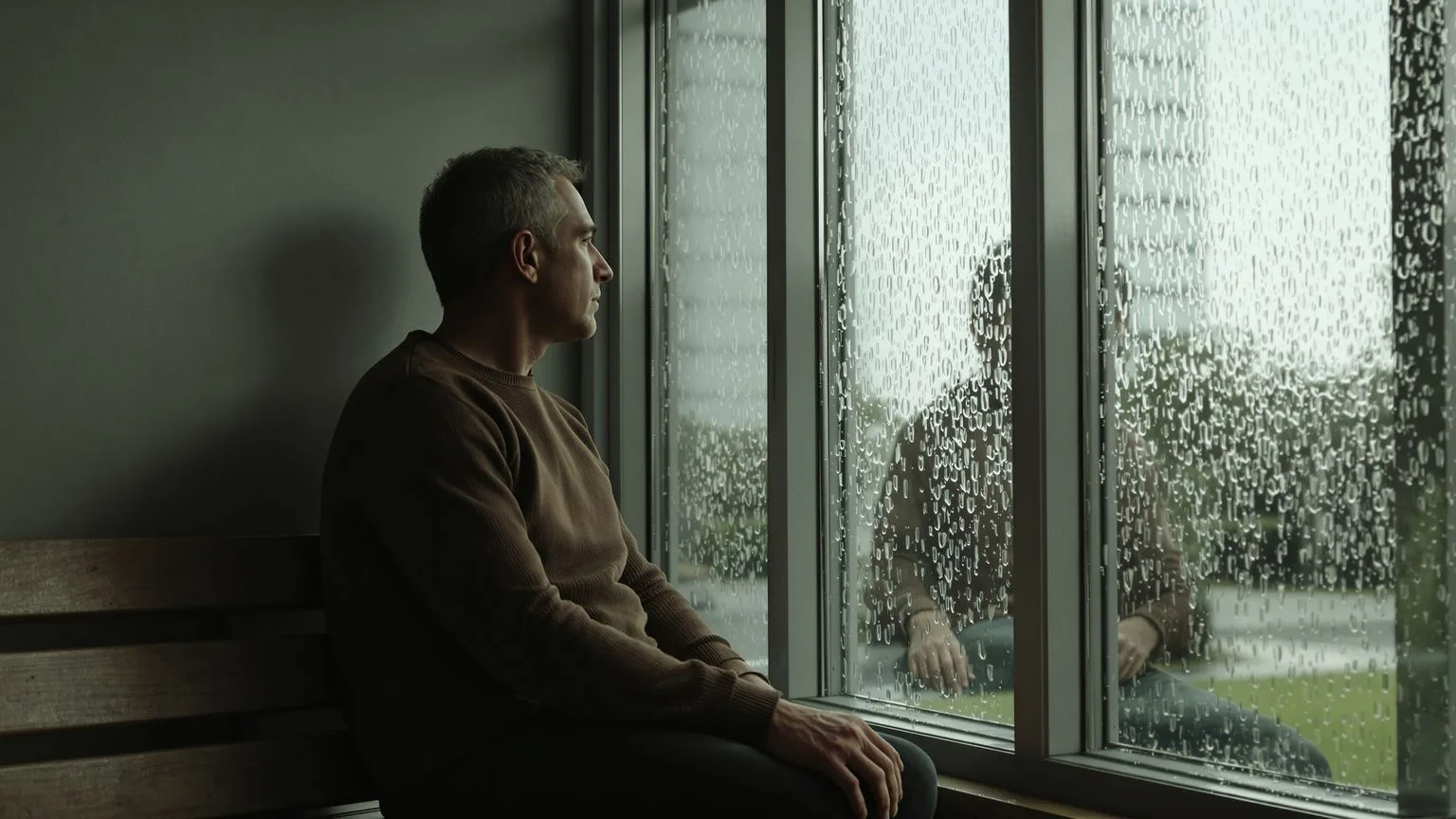 Man sitting beside rain-streaked window with blurred reflection, illustrating what you are not your thoughts means