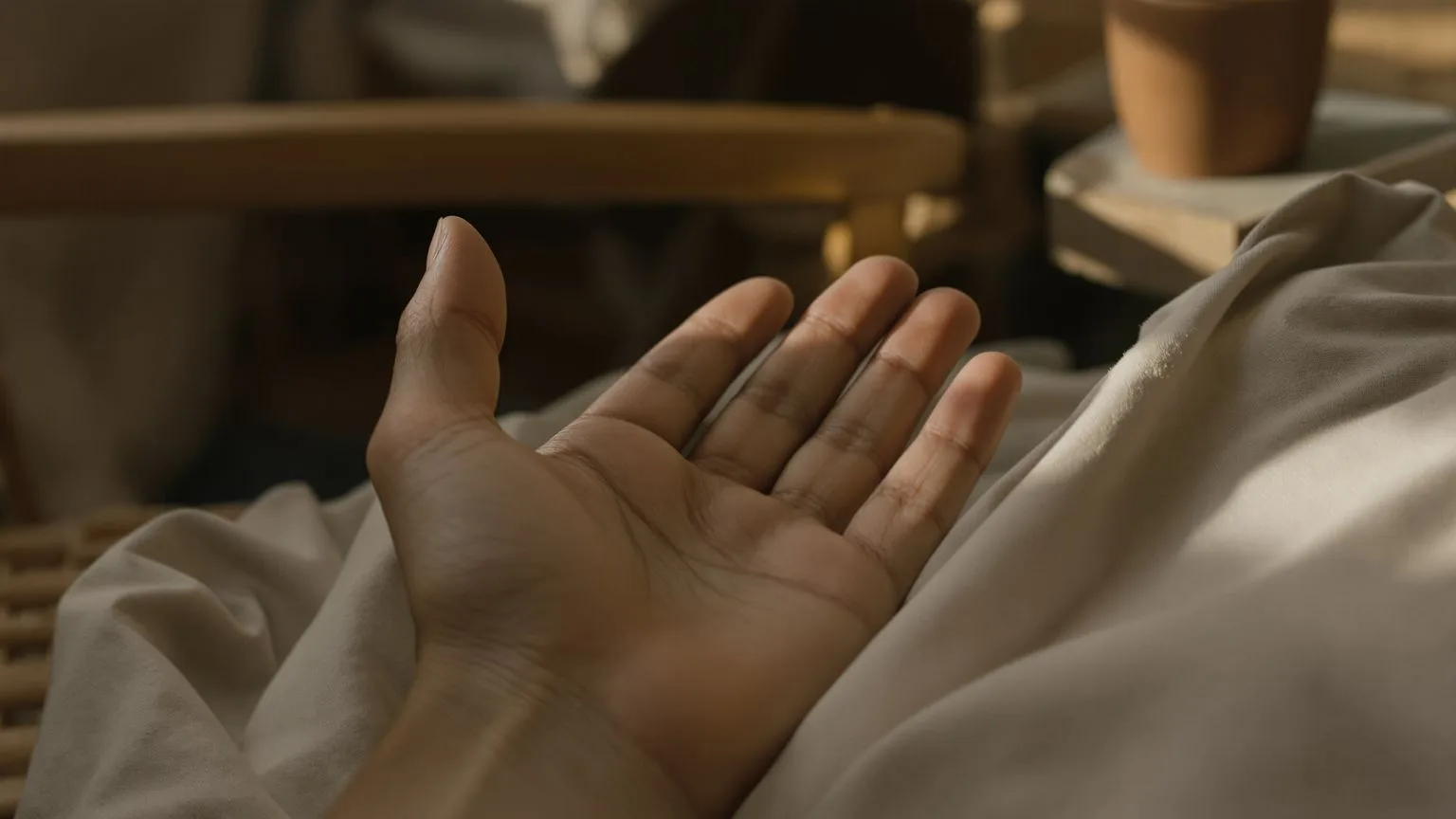 Relaxed open hand resting on linen lap in warm light, showing what softens when you are not your thoughts