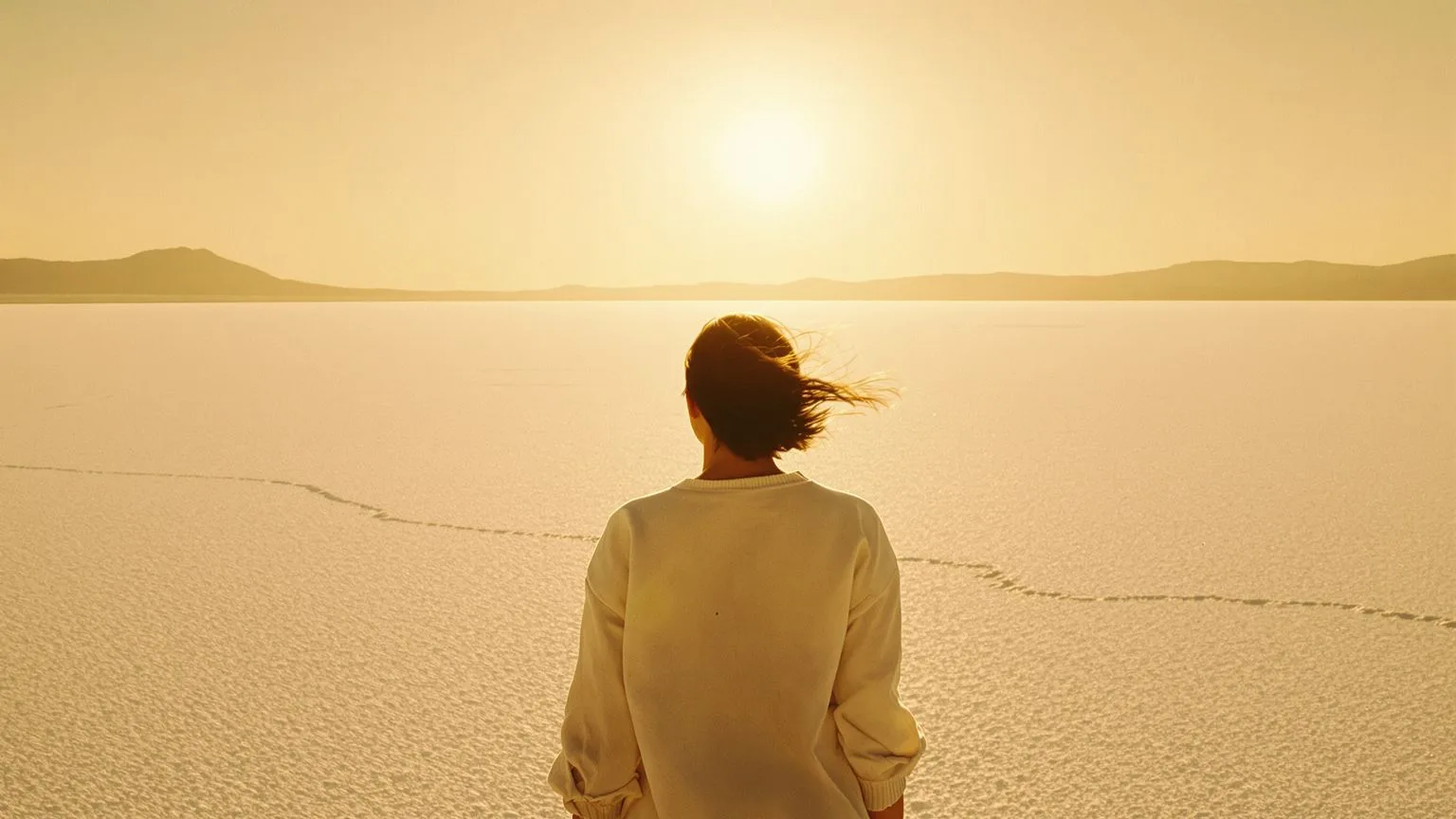 Woman standing on vast salt flat at golden hour, embodying you are not your thoughts as open sky dwarfs the figure