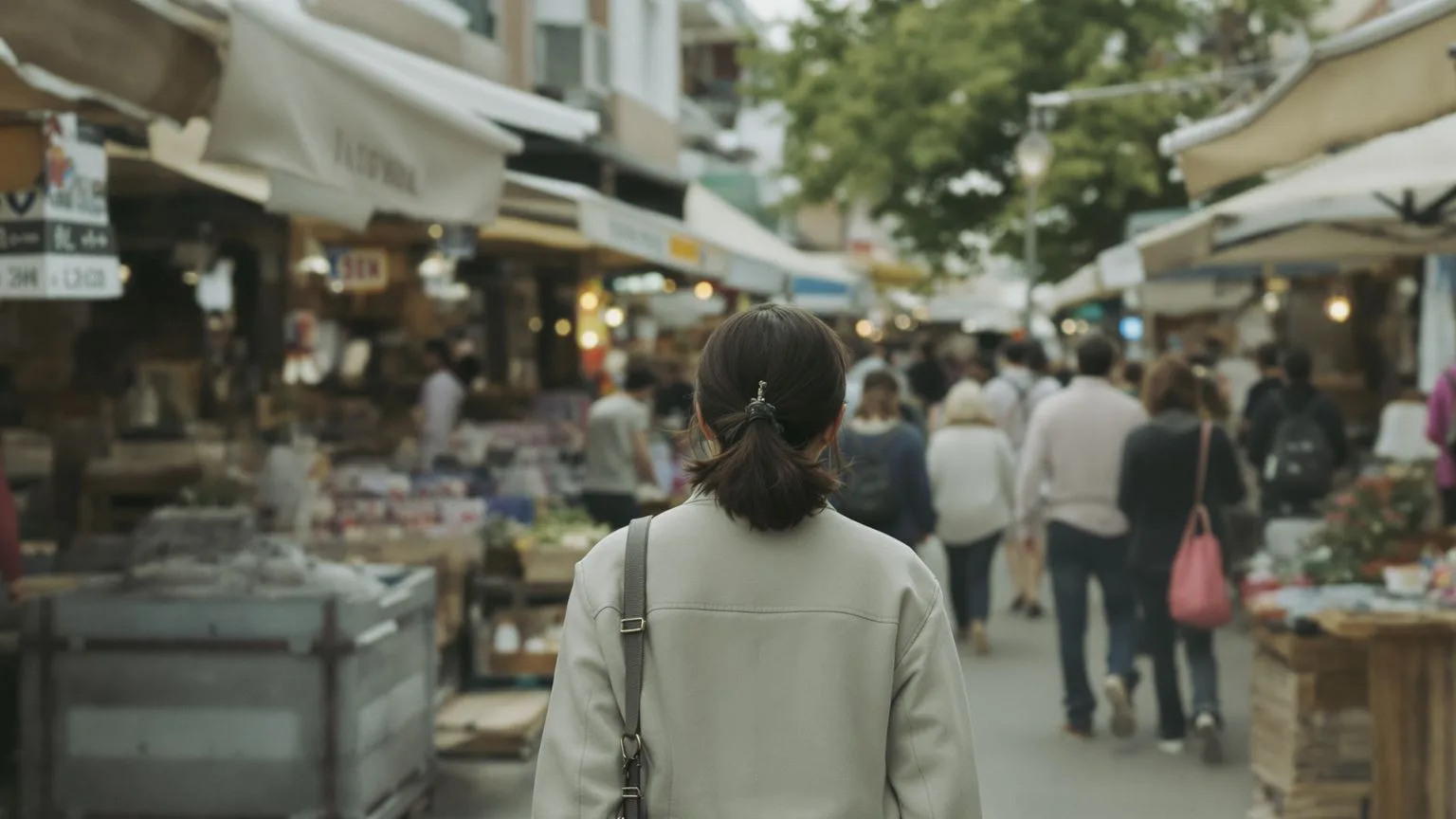 Woman walking calmly through busy market with relaxed back and posture, witness consciousness in real life