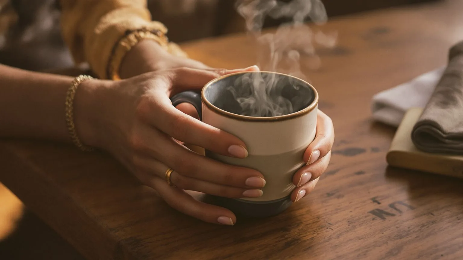 Close-up of hands holding warm ceramic mug on kitchen table, soft light, moment of seeking support for the body
