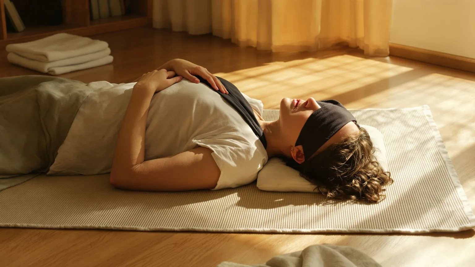 Woman lying on grounded mat with palms down and eyes covered, body-based inner child healing practice