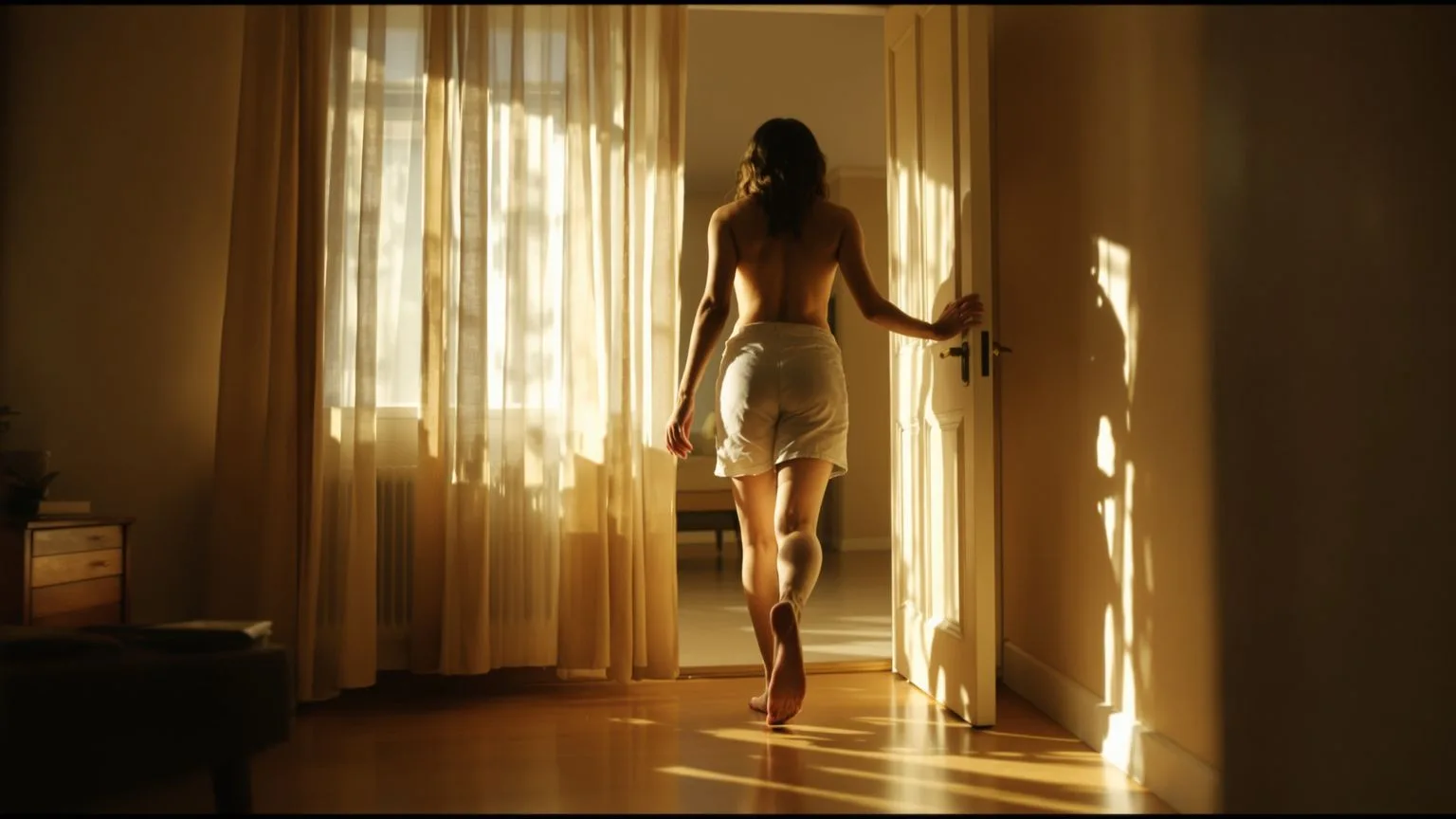 Woman pausing in doorframe of sunlit living room, body tense, beginning the process of healing the inner child