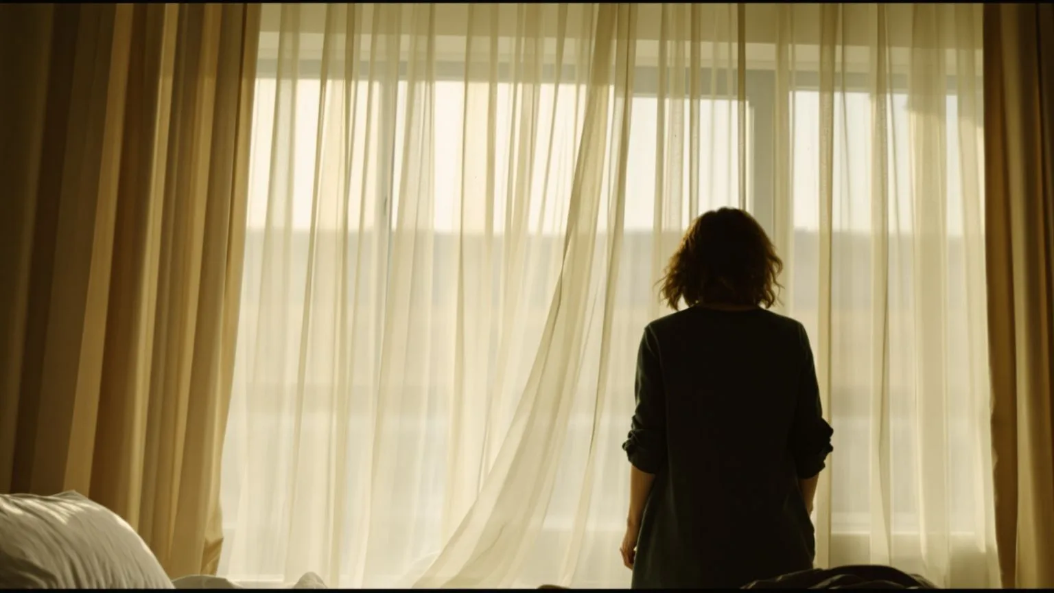Woman standing near open window with relaxed body as curtain billows, fear easing toward safety in the body