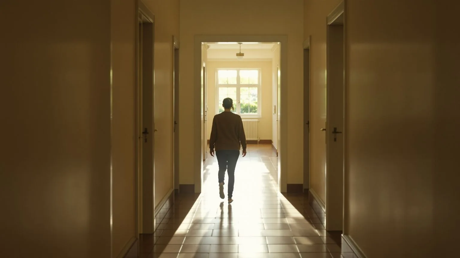 Woman walking through repeating doorways in sunlit hallway, visual metaphor for inner child healing loops in the body