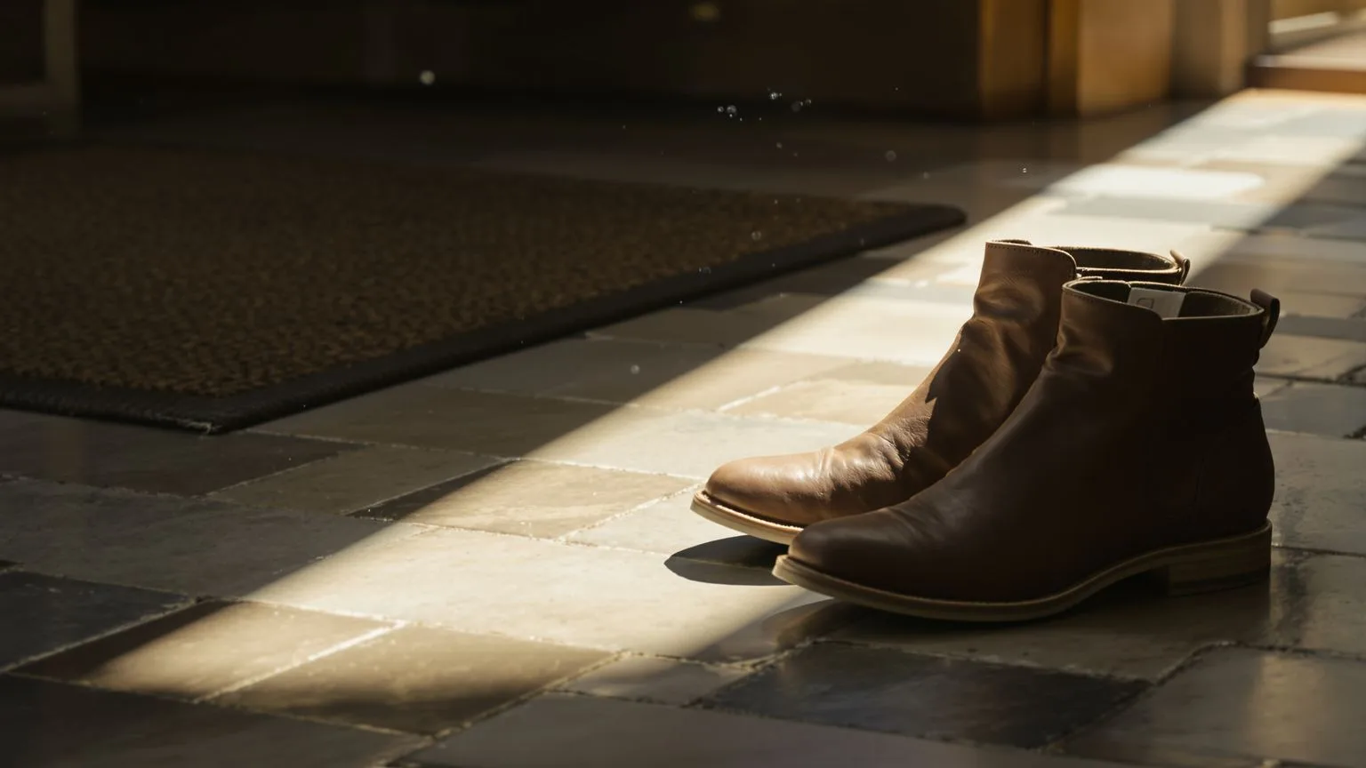 Worn leather boots by a front door in morning light, grounding the body in ordinary life beyond healing identity