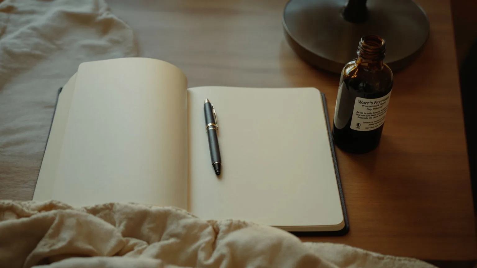 Bedside table with journal and amber bottle showing dark night vs depression overlap and the body Bedside table with journal and amber bottle showing dark night vs depression overlap and the body