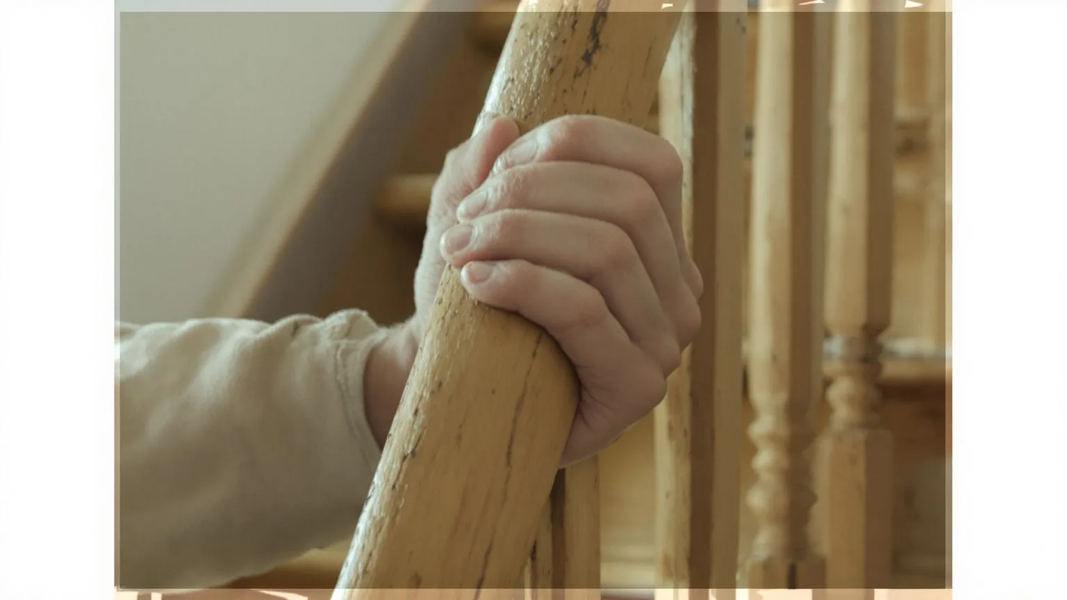 Close-up of a hand on a worn stair railing showing what changes after one honest session with the bo Close-up of a hand on a worn stair railing showing what changes after one honest session with the body