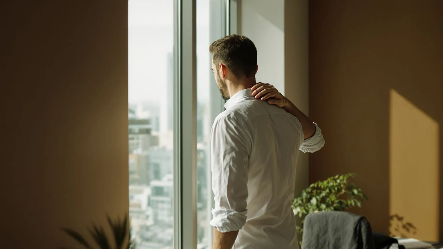 Man pressing his neck near office window showing when inner life breaks before outer life does Man pressing his neck near office window showing when inner life breaks before outer life does