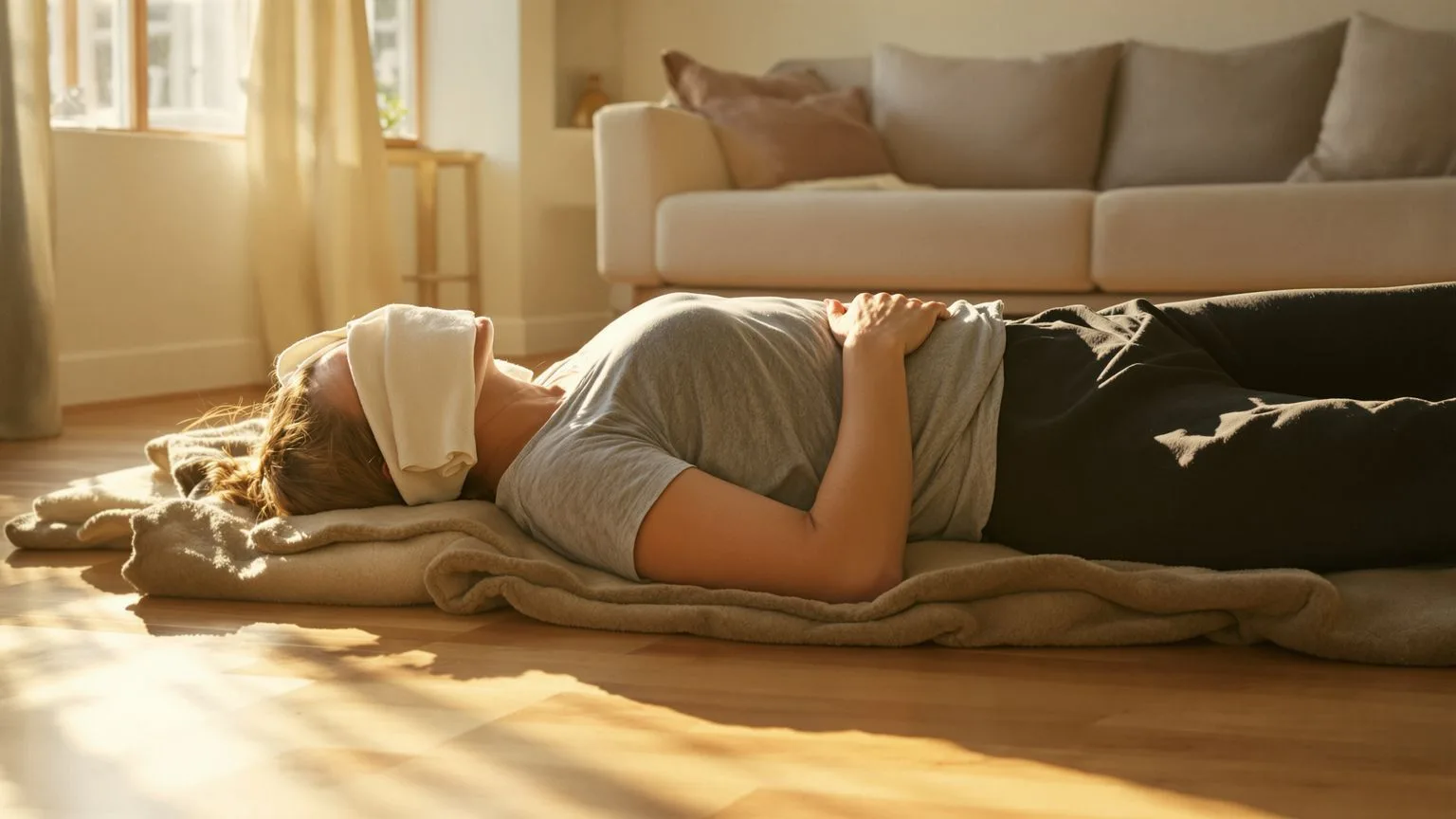 Woman lying on living room floor palms down practicing a 12-minute body return for the dark night of Woman lying on living room floor palms down practicing a 12-minute body return for the dark night of the soul