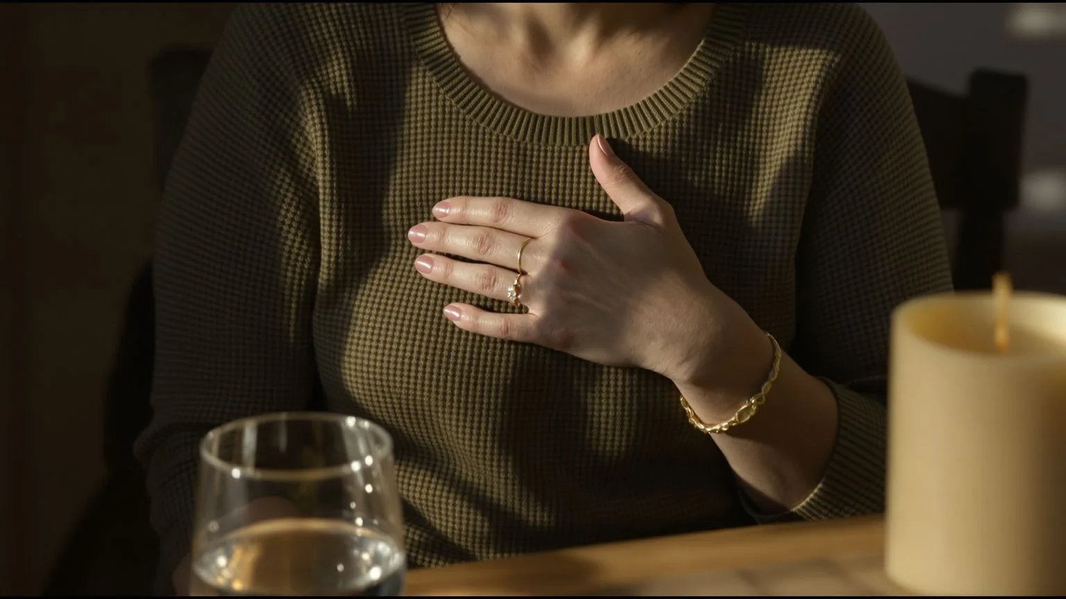 Woman's hand resting on her chest at a wooden table showing the body map where truth waits Woman's hand resting on her chest at a wooden table showing the body map where truth waits