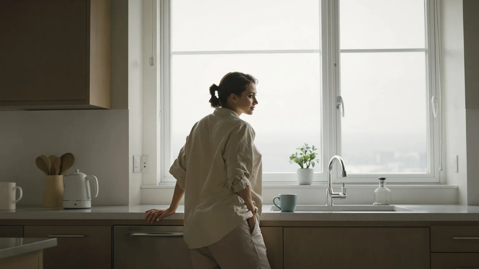 Woman standing alone in kitchen at dawn contemplating what is the dark night of the soul Woman standing alone in kitchen at dawn contemplating what is the dark night of the soul