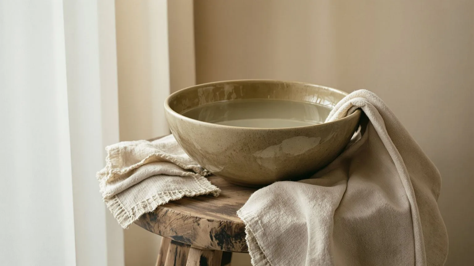 Ceramic bowl of clear water on a wooden stool in soft light symbolizing what changes after spiritual bypassing awareness