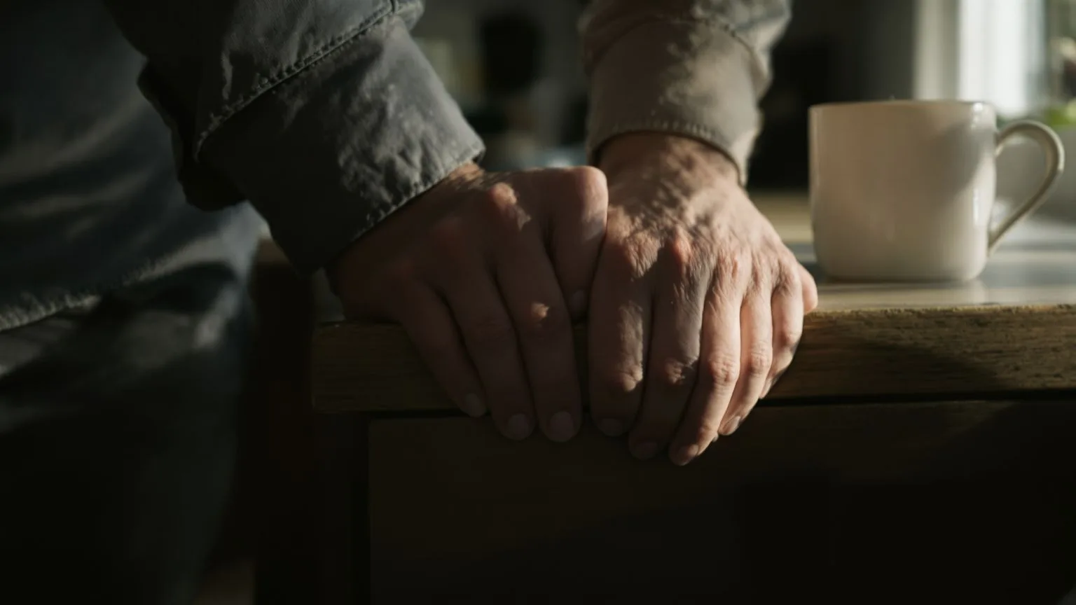 Close-up of tense hands gripping a kitchen table edge, revealing signs of spiritual bypassing hidden in everyday life