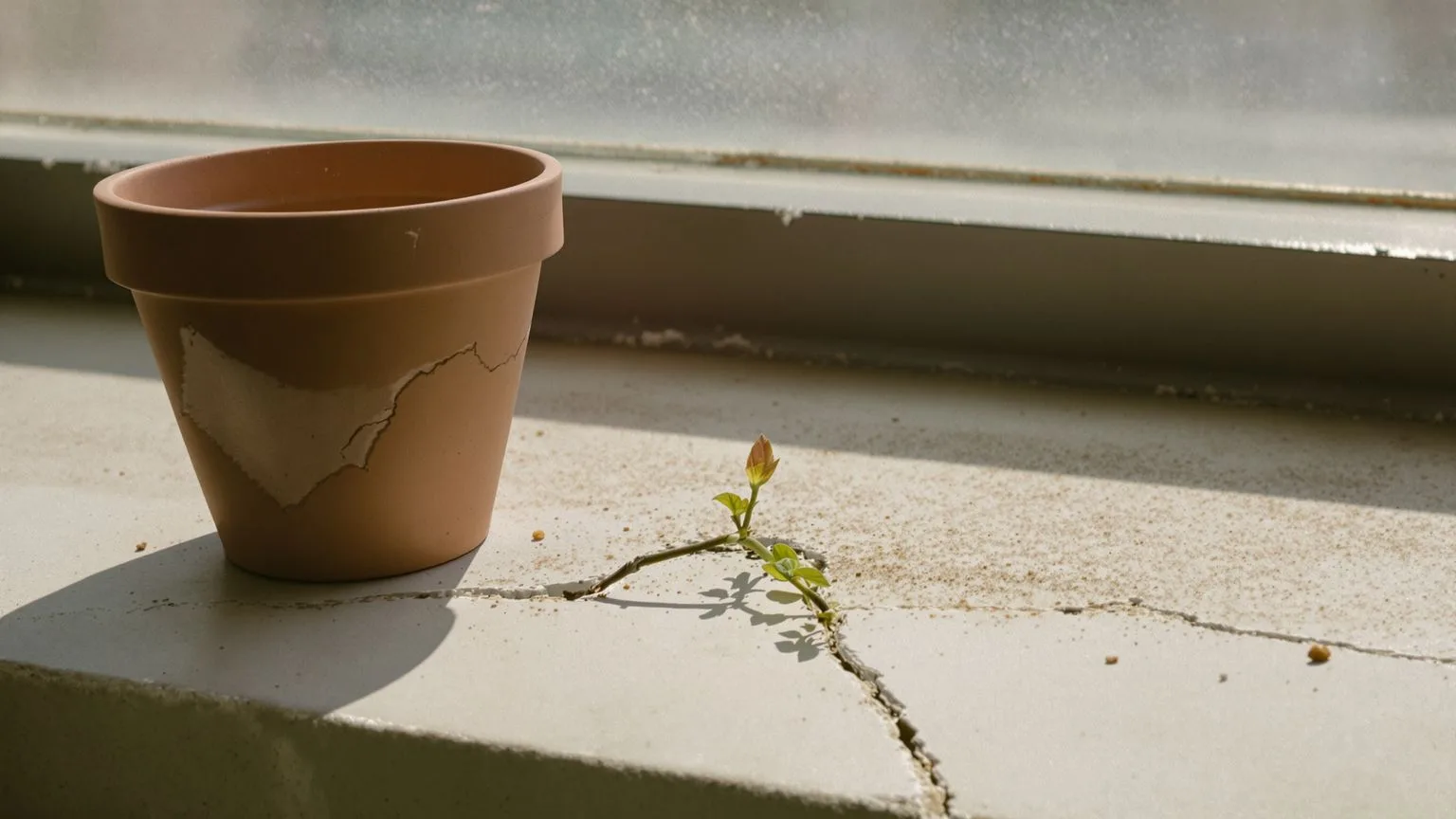 Green shoot growing through a cracked terracotta pot on a windowsill, showing why spiritual bypassing patterns repeat