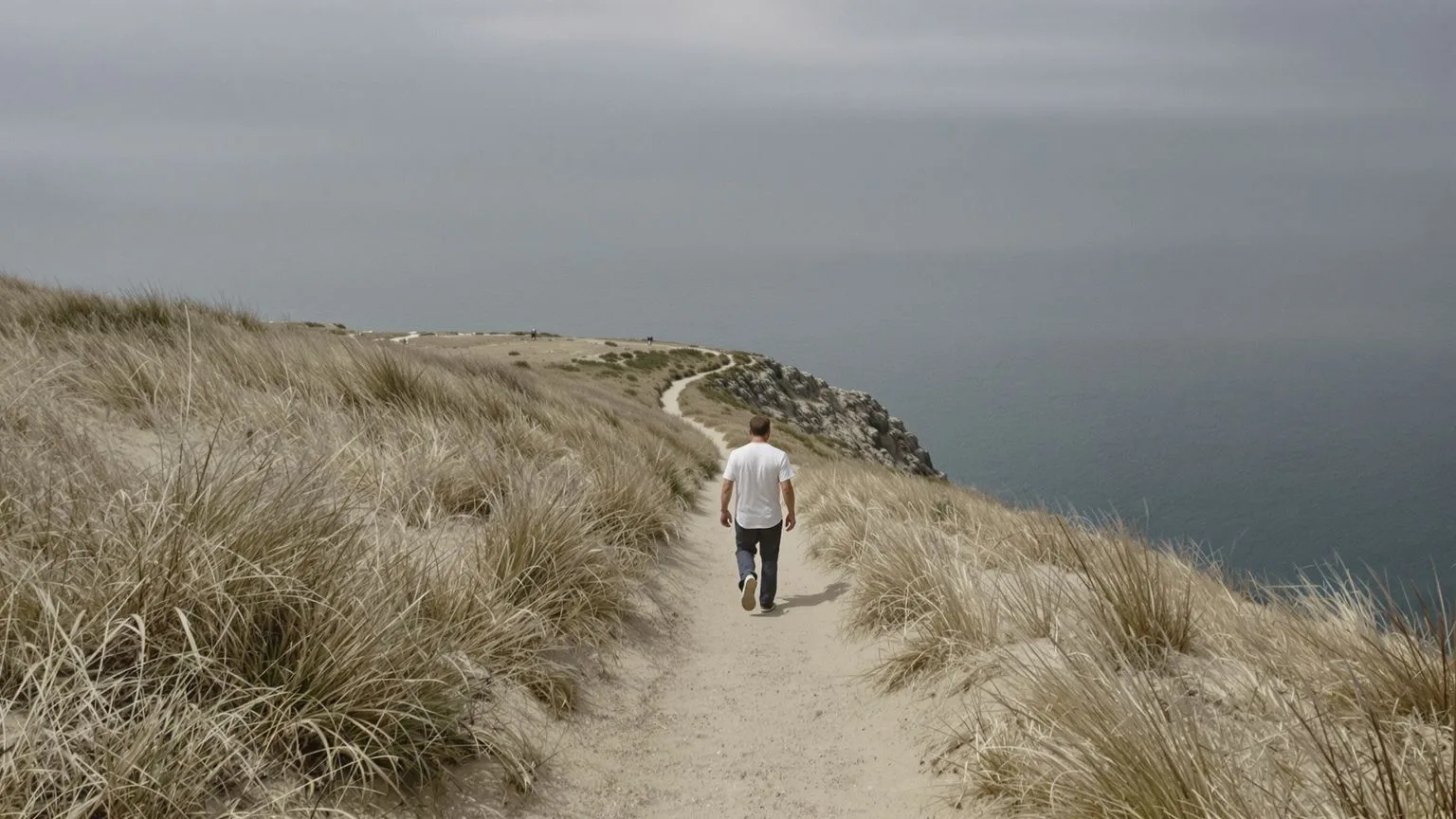 Man walking a narrow coastal cliff path with guarded posture, illustrating when healing language becomes emotional armor