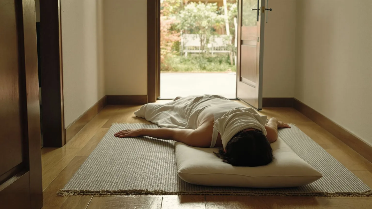 Woman lying on a mat in a sunlit hallway with palms down during a body-first session to interrupt spiritual bypassing