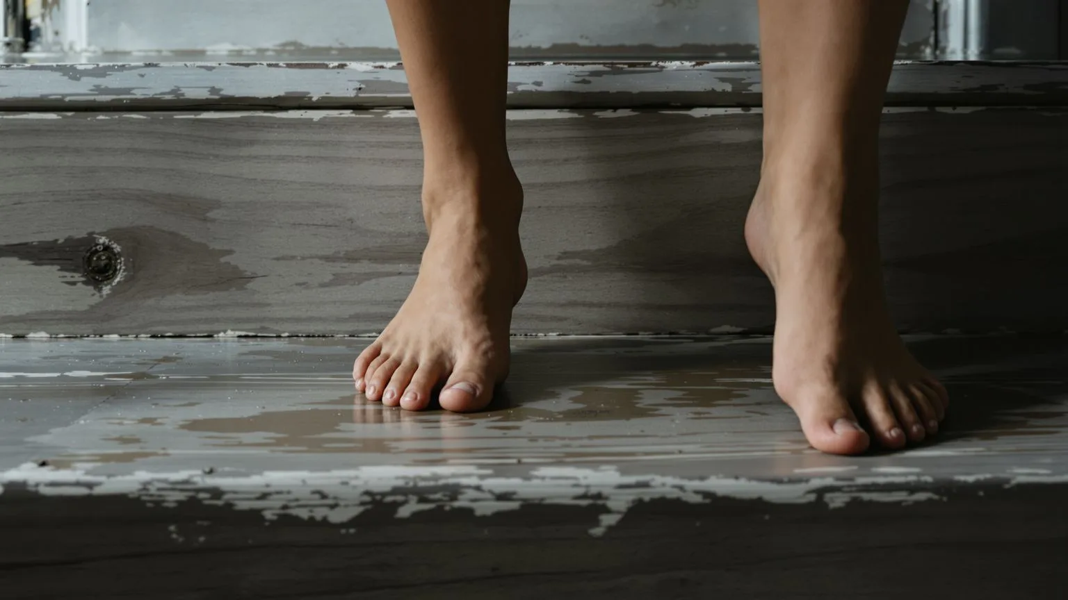 Bare feet on worn wooden steps in natural light showing body-first inner child healing approach