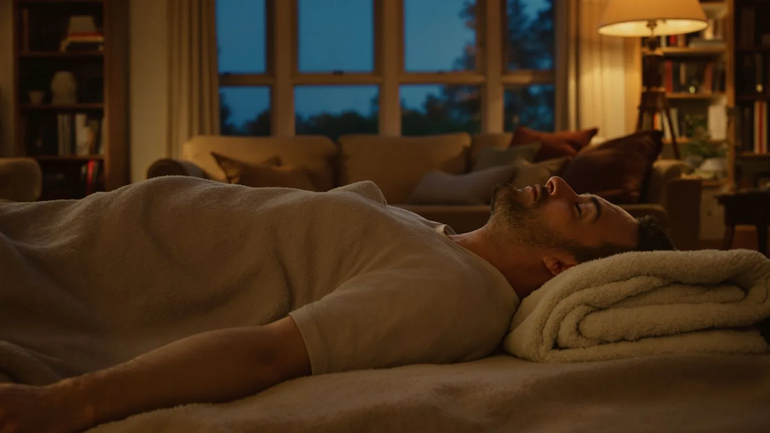 Man lying on living room floor practicing body-first inner child meditation at night