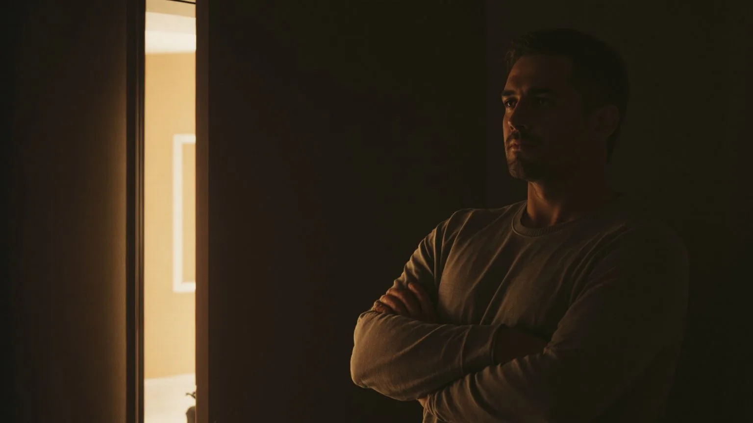 Man standing at half-open doorway with arms crossed showing why inner child healing activities feel fake