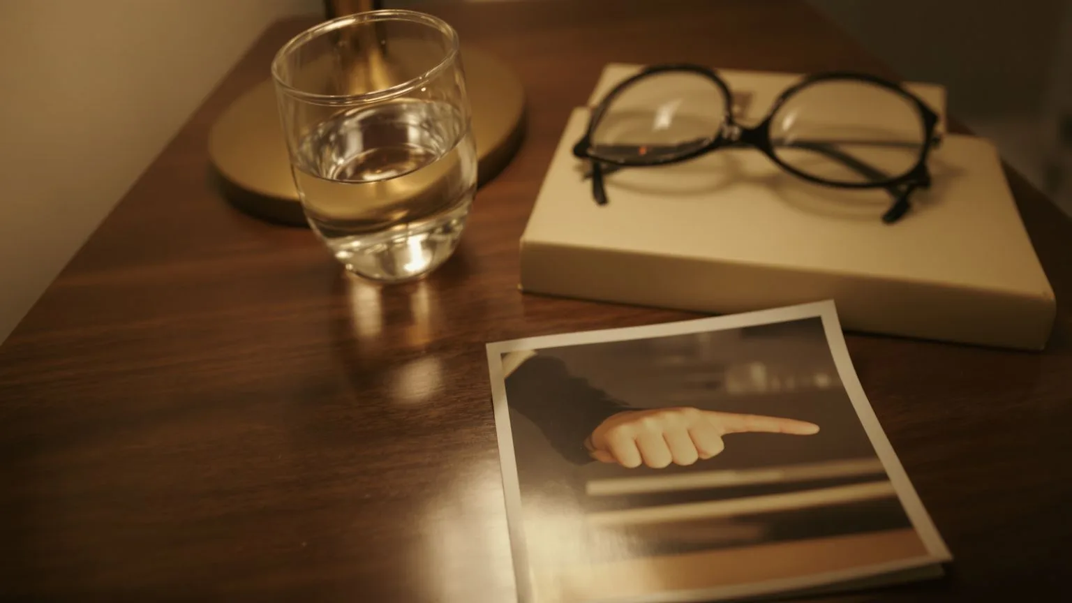Old childhood photograph beneath everyday objects on nightstand revealing childhood wounds in adult life