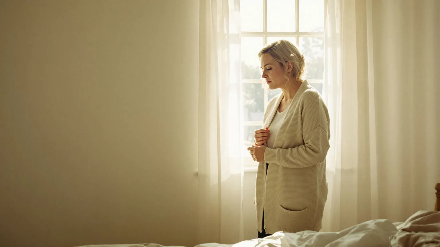 Woman in morning light preparing for the day with quiet resolve after inner child healing week