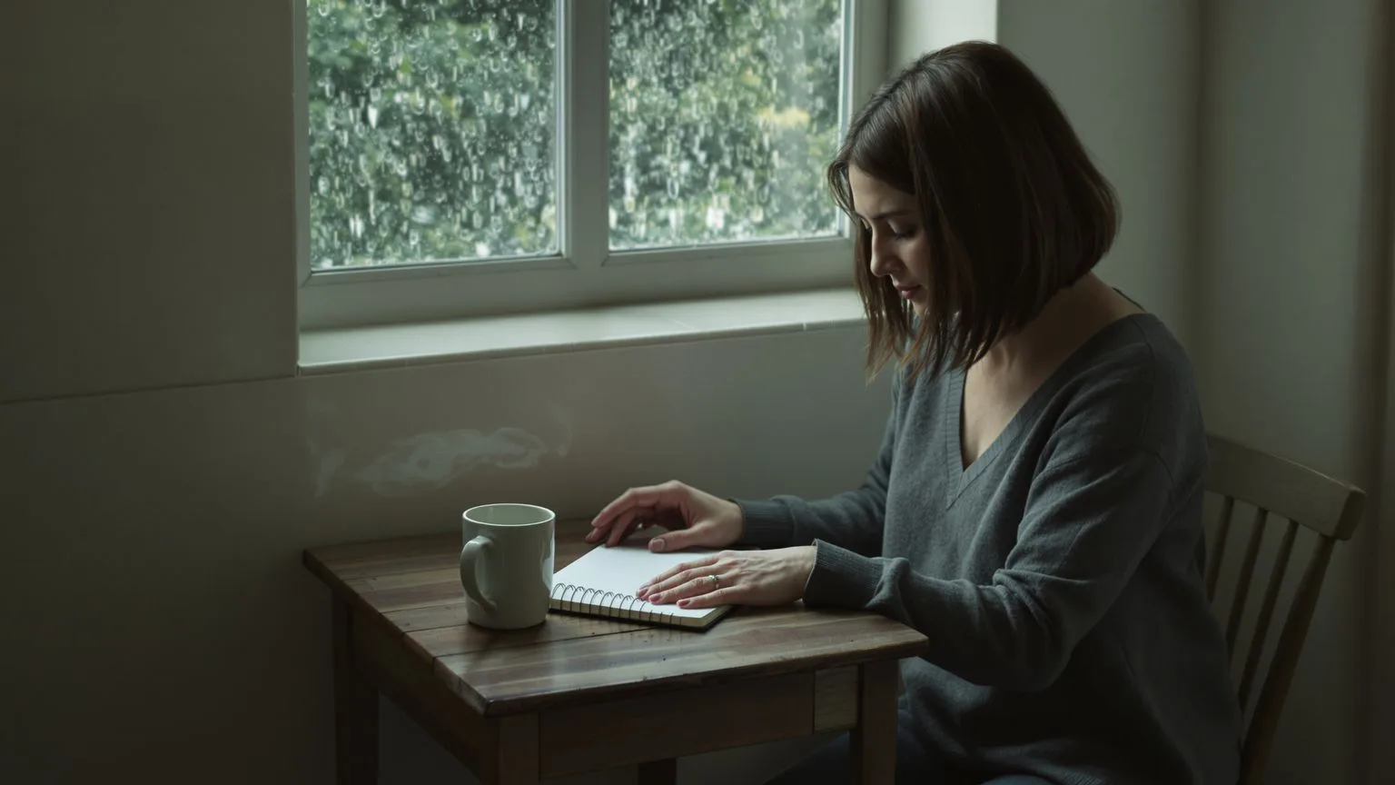 Woman with open hands resting on kitchen table naming the shift in inner child healing