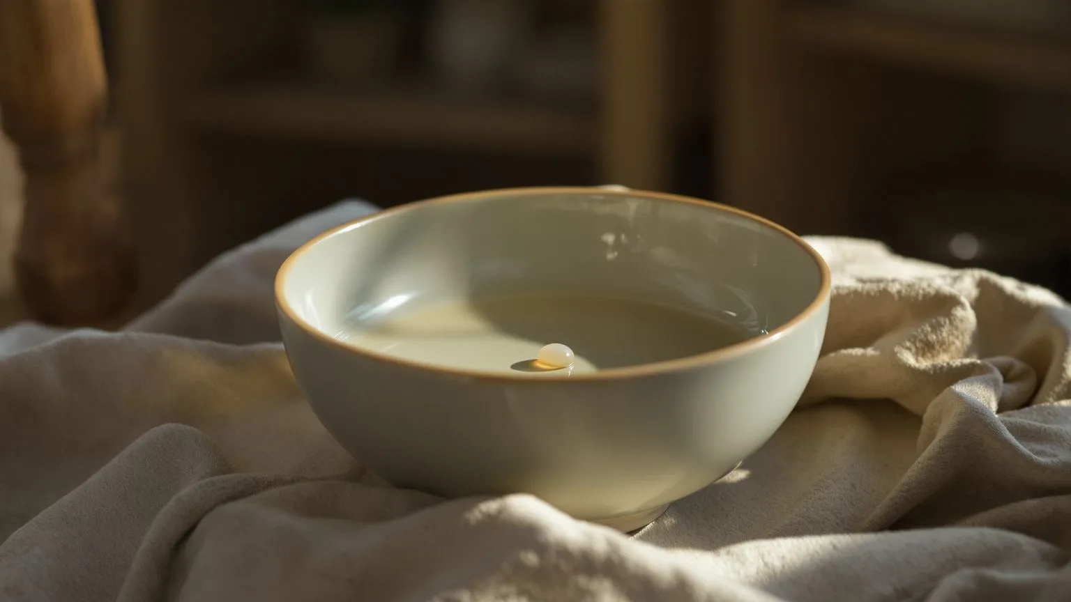 Imperfect ceramic bowl in morning light on linen, quiet change after non dual awareness practice