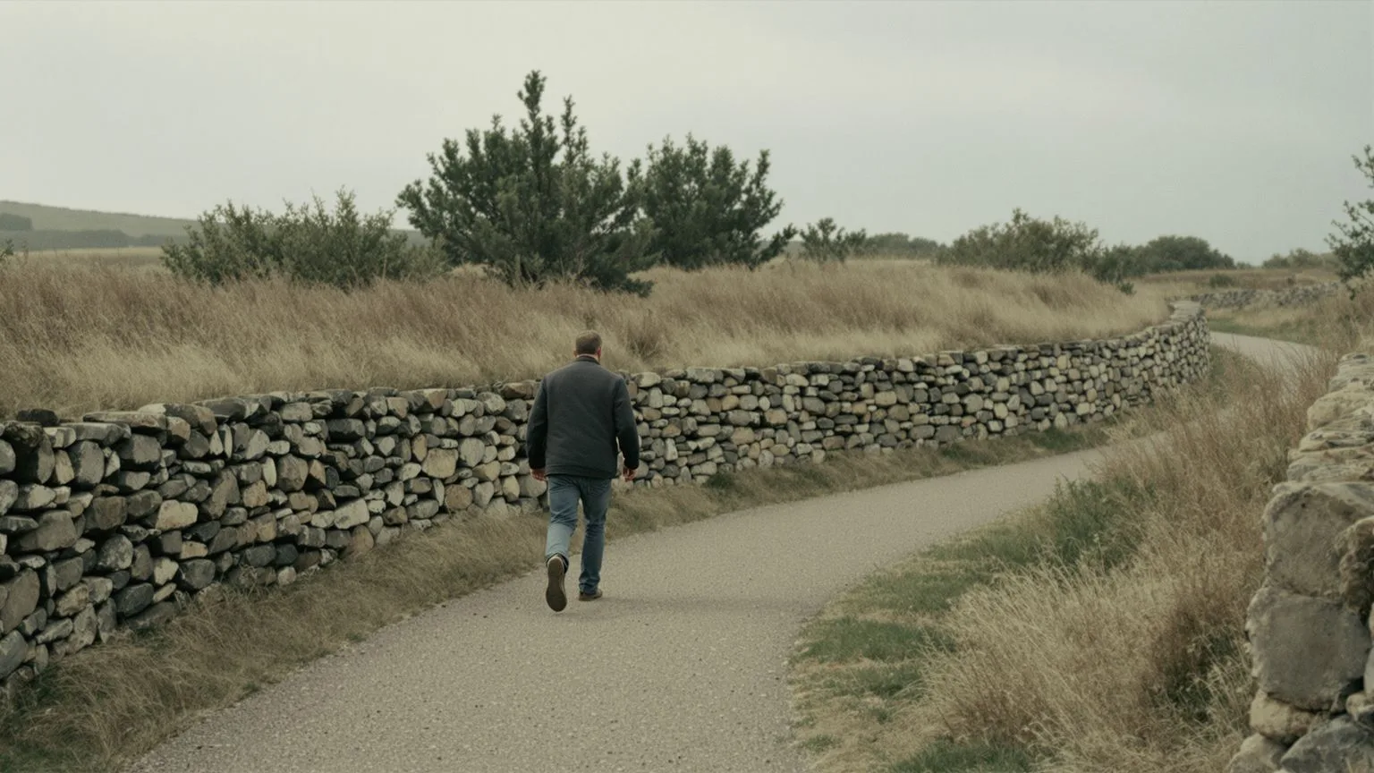 Person walking a clear gravel path on overcast day, body relaxed, returning to non dual awareness after confusion