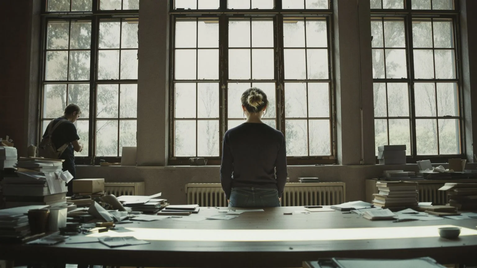 Woman pausing at cluttered desk near window, body releasing tension, embodying non dual awareness in daily life