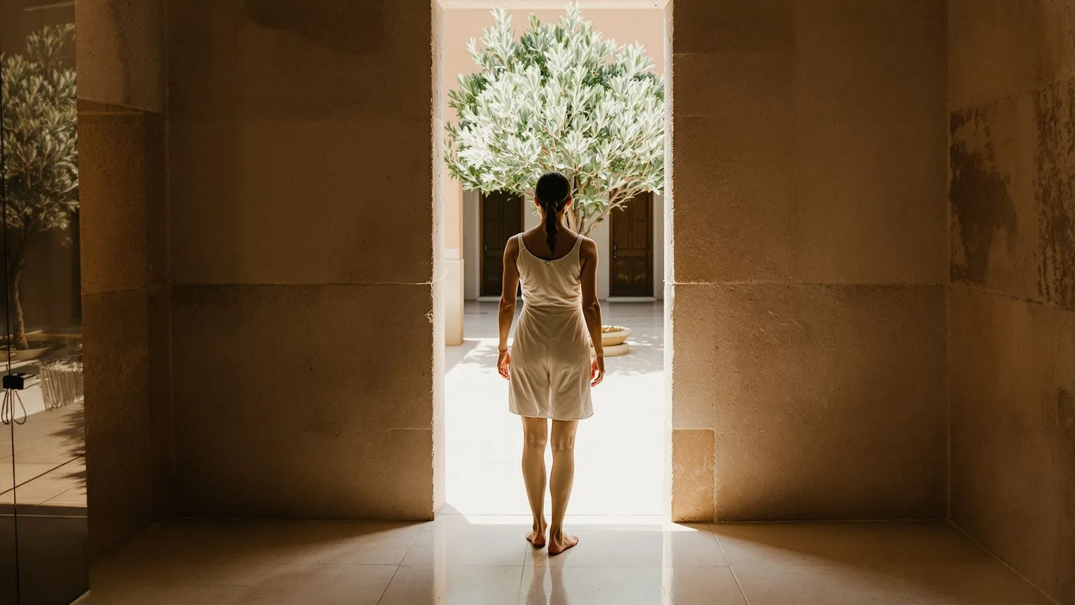 Woman standing in doorway between shadow and sunlight, body bridging the split that non dual awareness dissolves