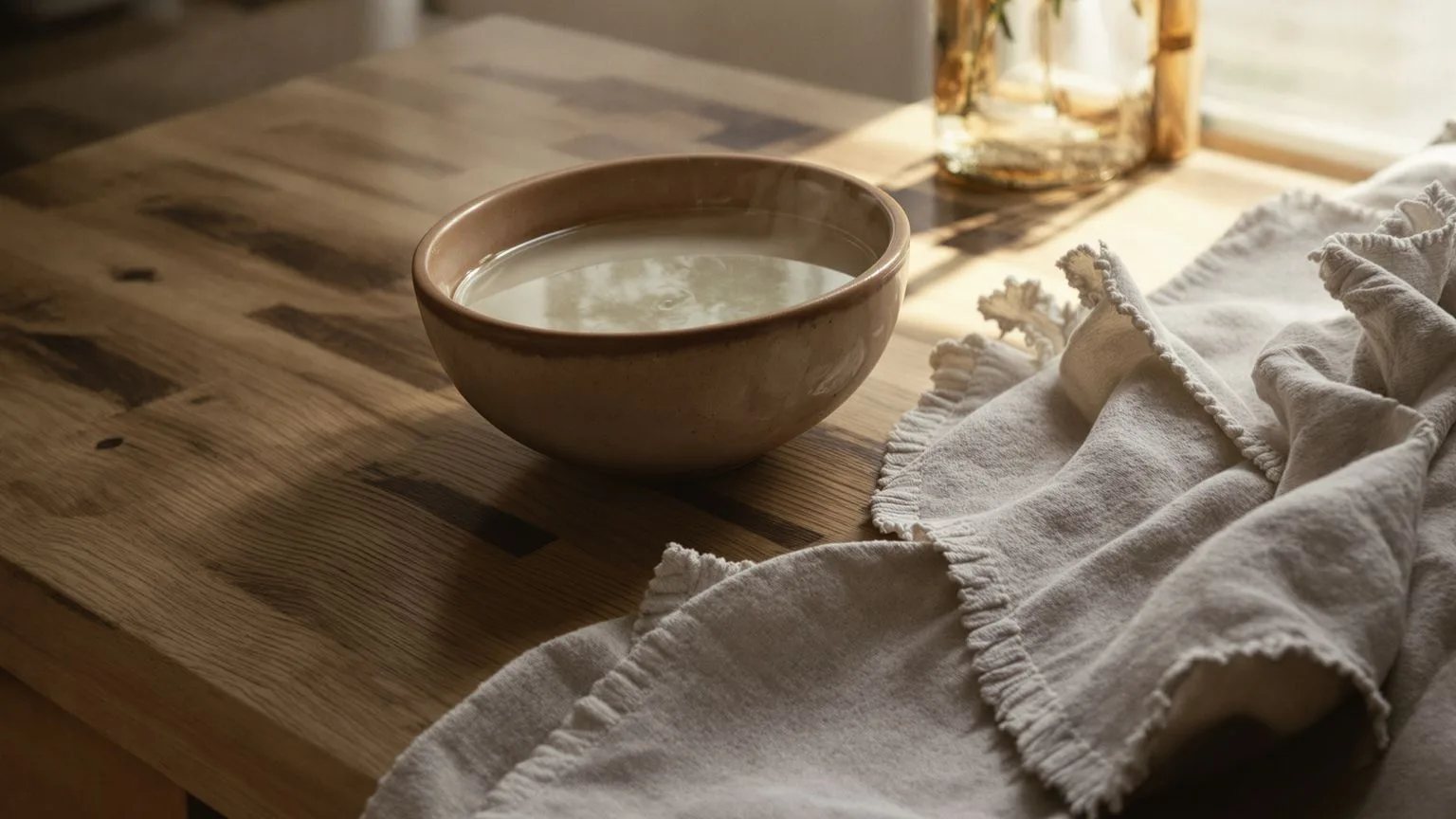 Clay bowl with water and linen cloth on wooden table in soft light for feeling session